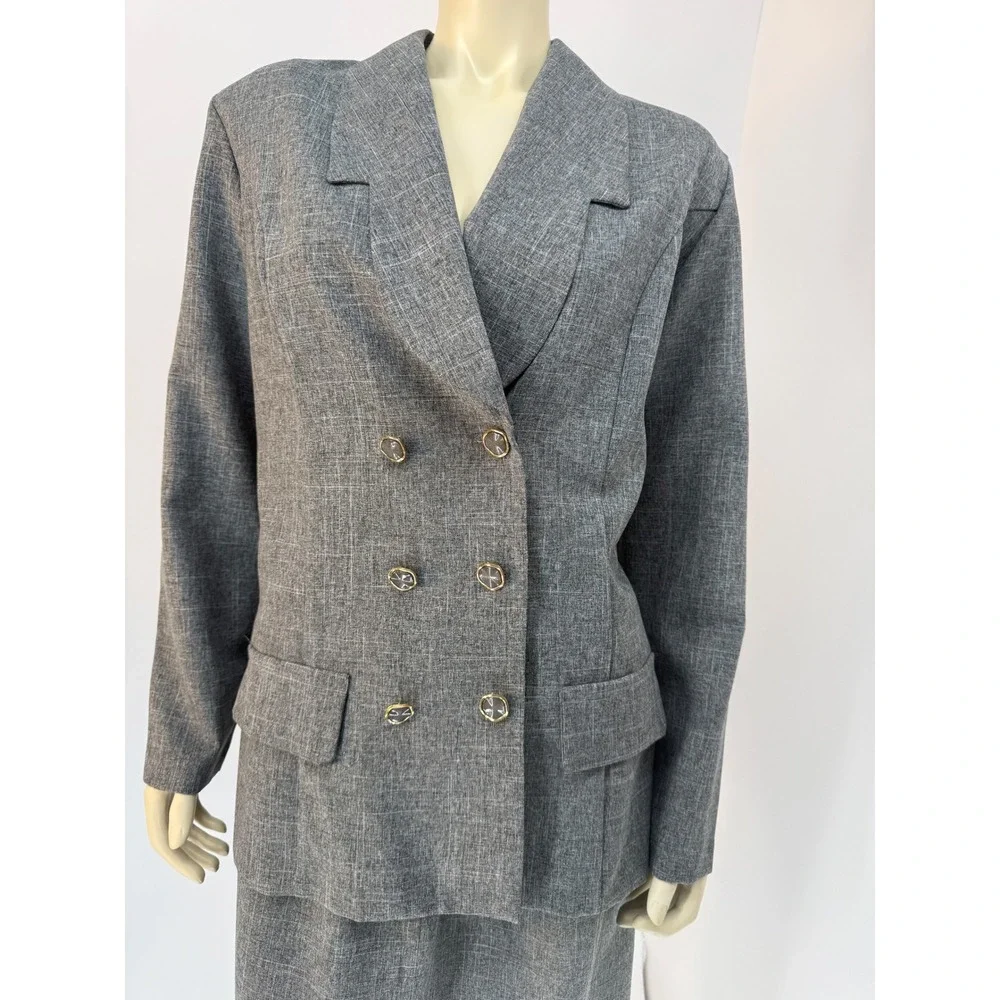 Vintage 80s Prelude Grey Skirt Suit Power Suit Size 16 Bold Shoulder Lightweight
